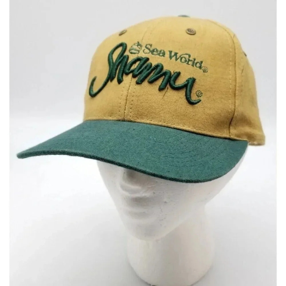 Vintage Sea World - SHAMU - Script Tan / Green Strapback Hat Adult OSFA Clean!